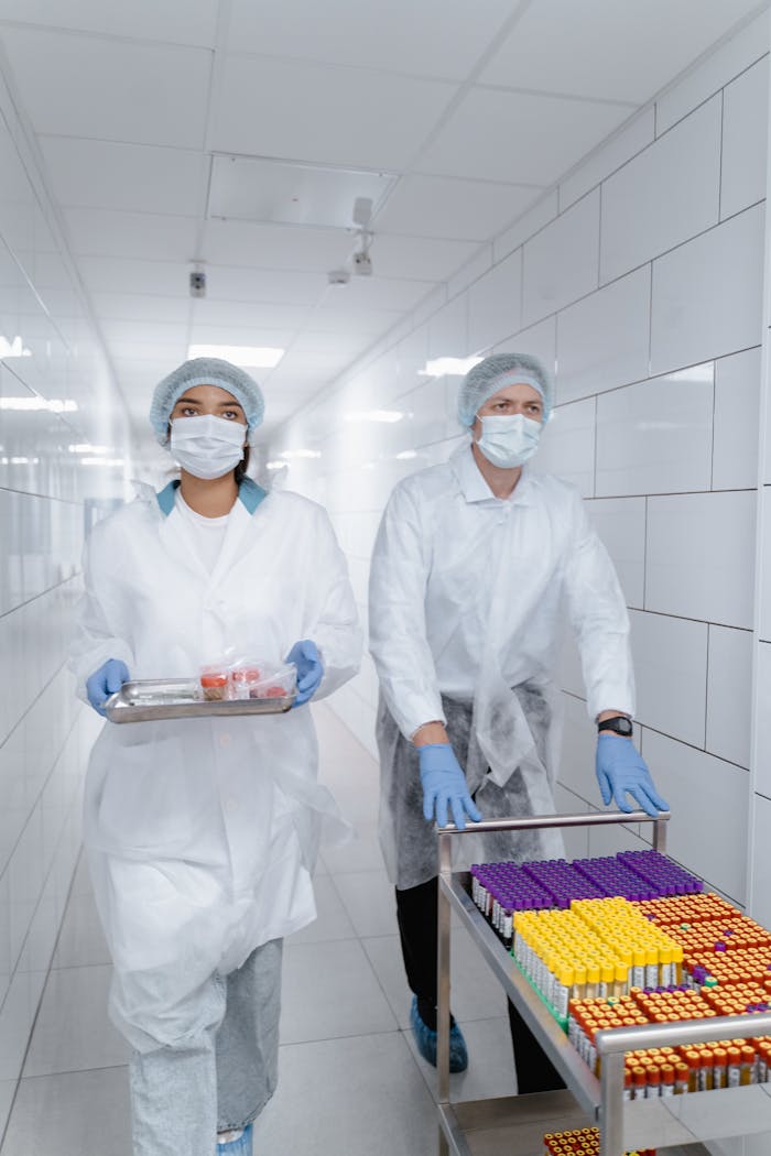 Two healthcare professionals in lab gear transport medical supplies along a sterile hallway.